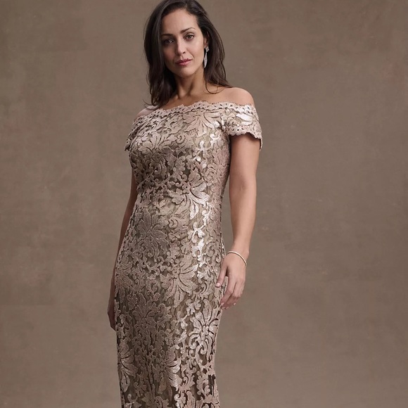 BHLDN Tadashi Shoji Women's Odette Gold Sequin Lace Off Shoulder